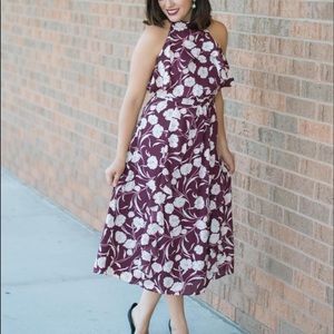 Lauren Conrad maroon ruffle floral midi dress